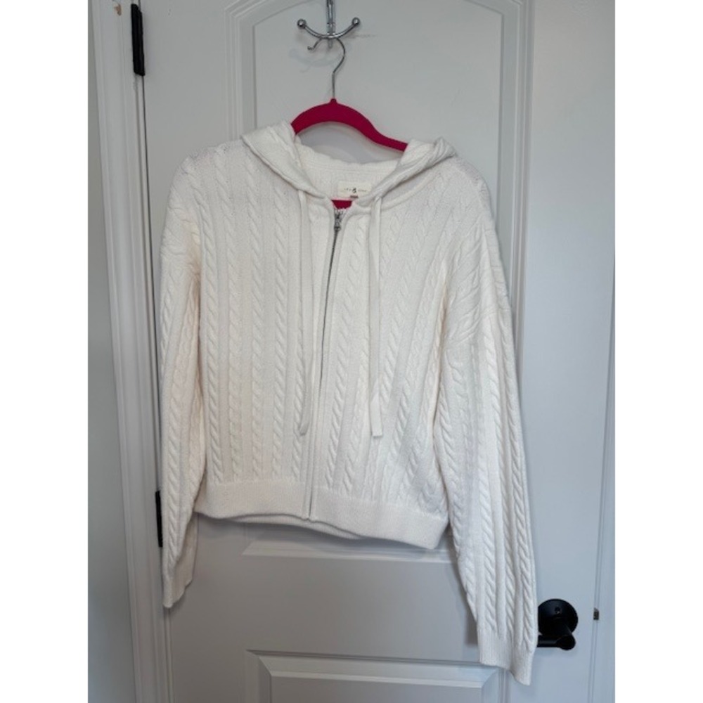 Lou & Grey Cream Cable Knit Zip Up Hoodie Sweater Medium White